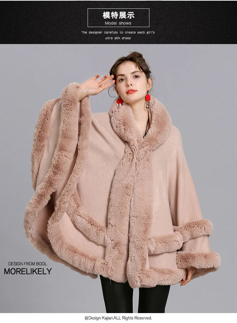 7 Women 2 Circle Fur Poncho Shawl Cloak With Hat Faux Fur Cape Big Pendulum Dovetail Cardigan Winter Warm Thick Loose Overcoat