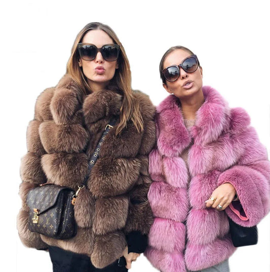 Luxe Women Custom Winter Eco Recycle Sustainable Artificial Faux Mink Fox Fur Stand Collar European Style Coat With Fur