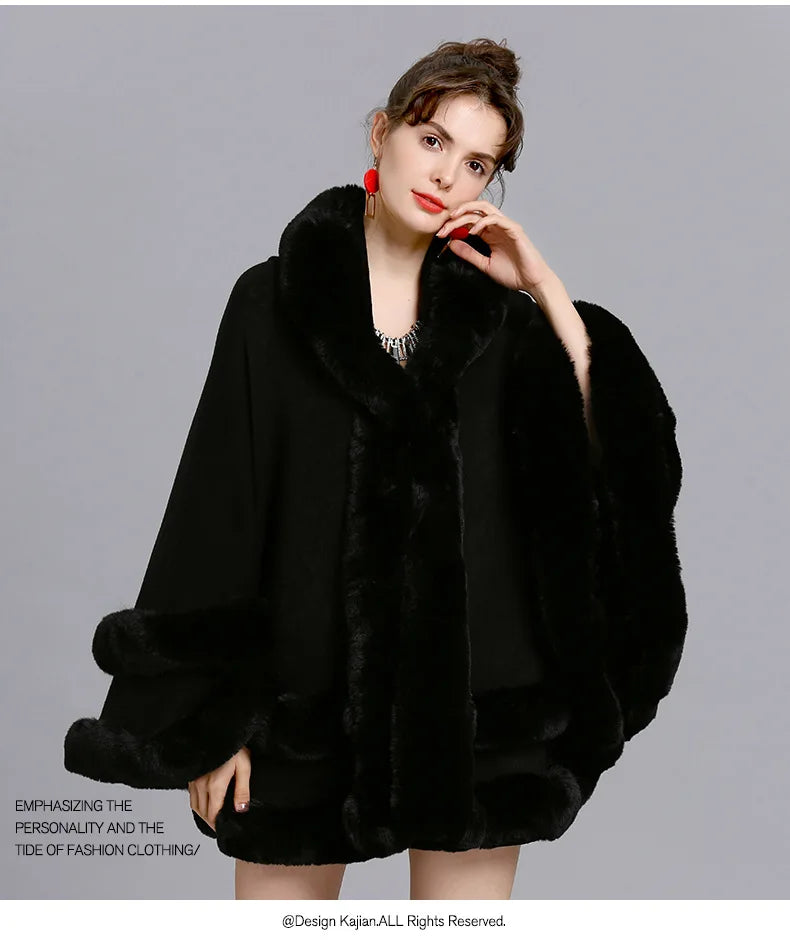 7 Women 2 Circle Fur Poncho Shawl Cloak With Hat Faux Fur Cape Big Pendulum Dovetail Cardigan Winter Warm Thick Loose Overcoat