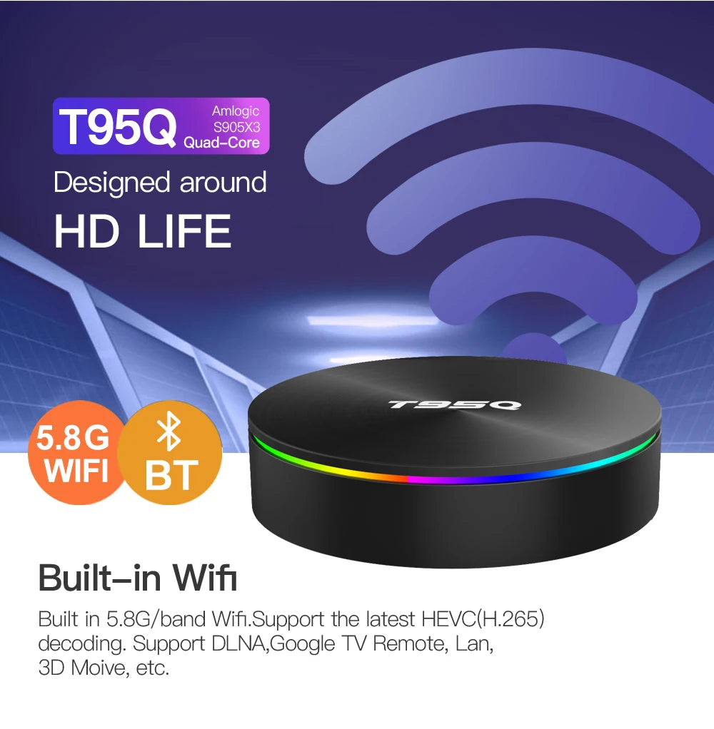 T95Q 8K Smart Fire TV Stick Set-Top Box Android 9.0 ATV S905X3 Dual Wifi BT Quad Core Processor 4GB/32GB RAM Storage