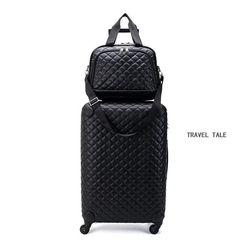 Black quilted leather luggage set with a spinner suitcase and matching travel bag.