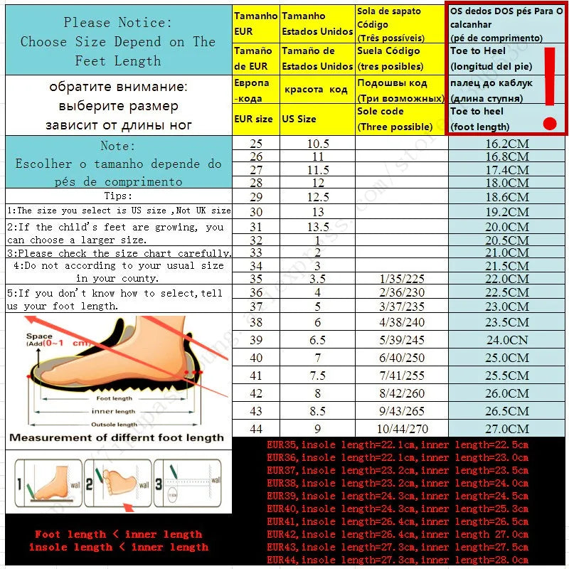 Shoes and footwear size chart with foot length measurement guide