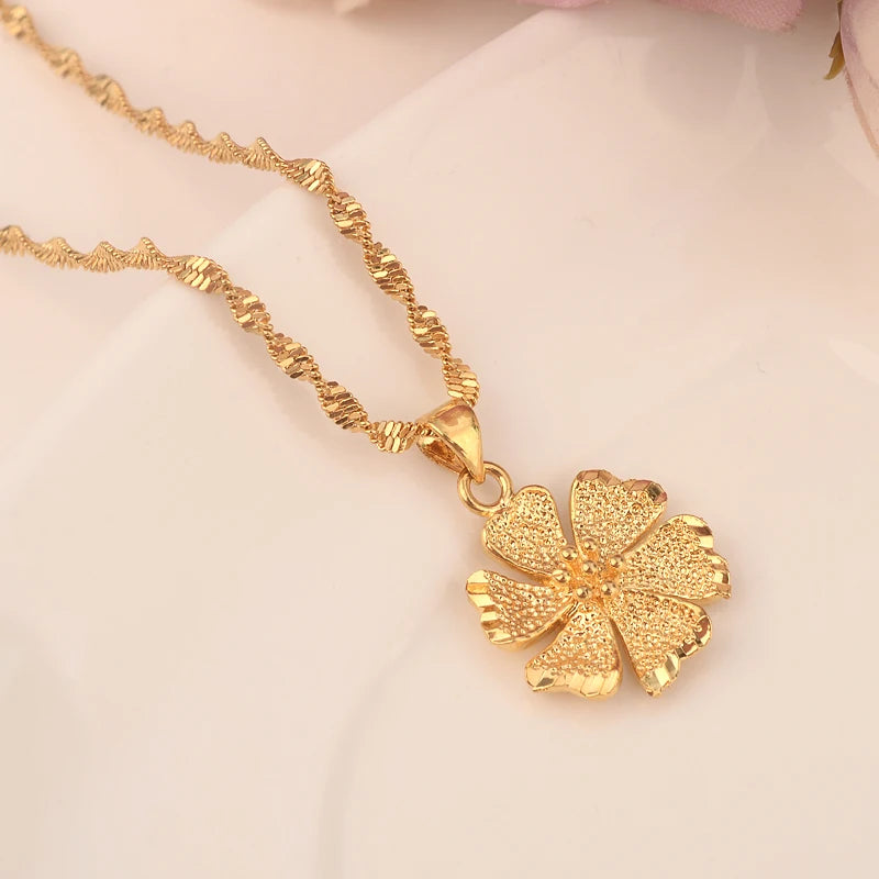 Dubai Gold Flower Jewelry Sets for Women 18K Plating Earrings and Pendant with Necklace Fashion Party Jewelry