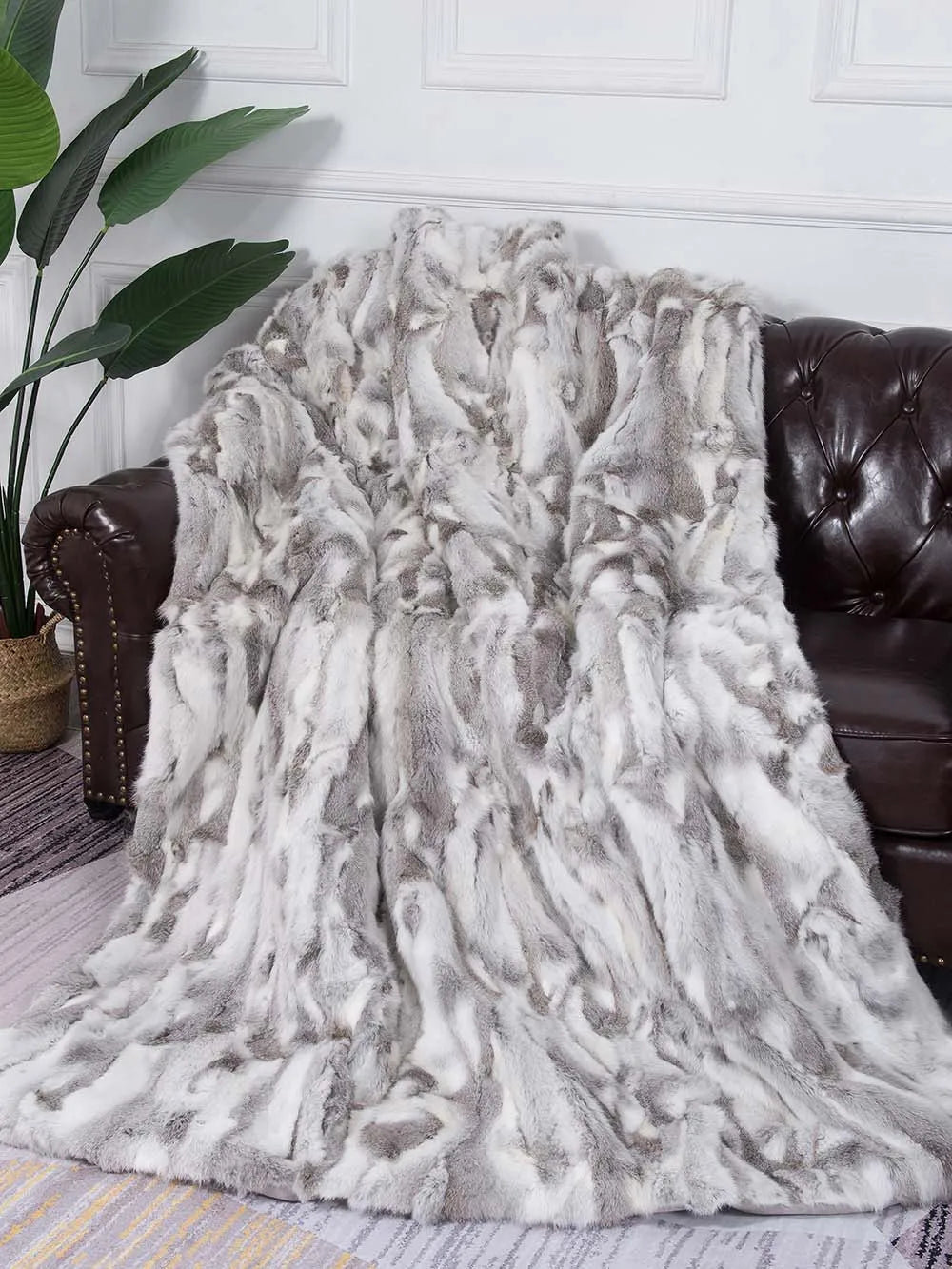 MS.Softex Winter Warm Natural Rabbit Fur Blanket Patchwork Real Rabbit Fur Throw Customized LUXURY COMFORT