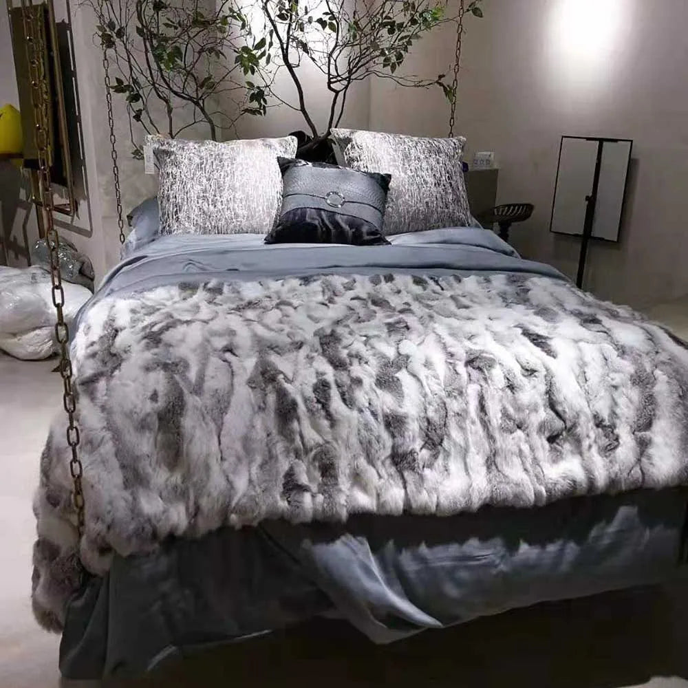 MS.Softex Winter Warm Natural Rabbit Fur Blanket Patchwork Real Rabbit Fur Throw Customized LUXURY COMFORT