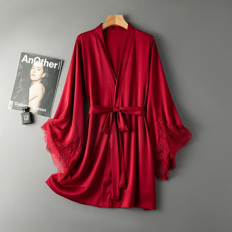 Luxe Robe With Lace Satin Women Nightgown Kimono Bathrobe Gown Pink Nightdress Bride Bridesmaid Wedding Gown Home Clothes