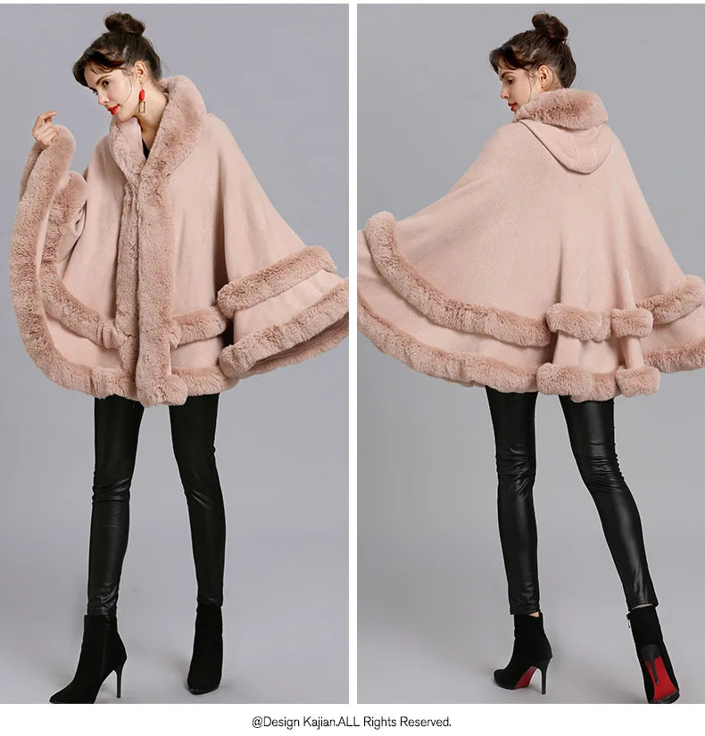 7 Women 2 Circle Fur Poncho Shawl Cloak With Hat Faux Fur Cape Big Pendulum Dovetail Cardigan Winter Warm Thick Loose Overcoat