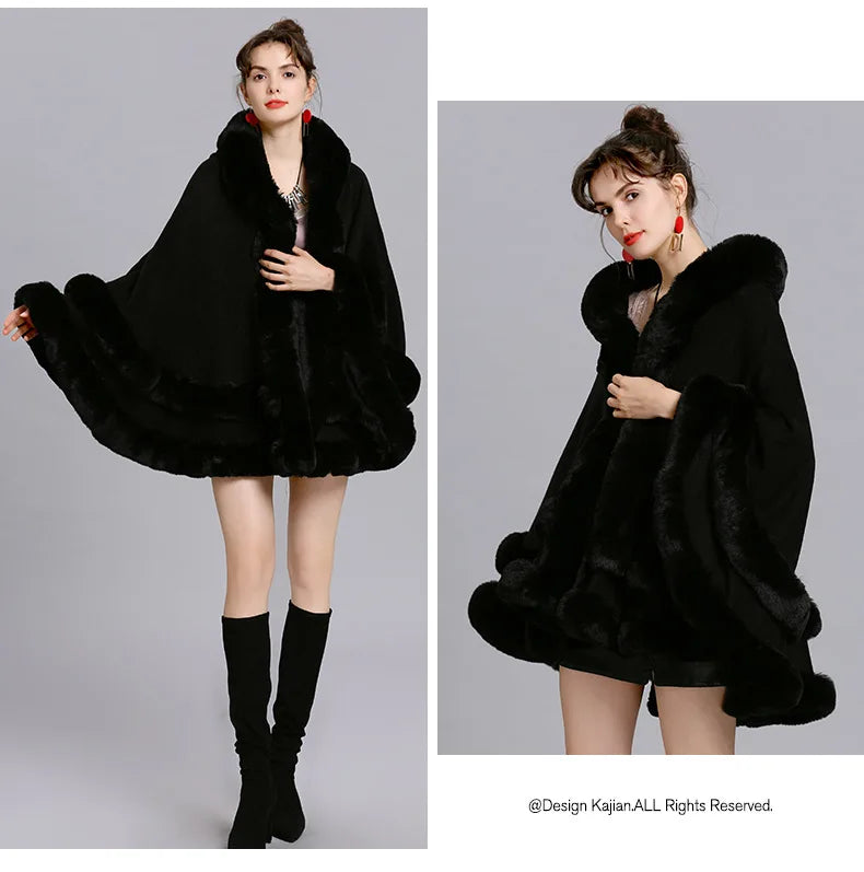 7 Women 2 Circle Fur Poncho Shawl Cloak With Hat Faux Fur Cape Big Pendulum Dovetail Cardigan Winter Warm Thick Loose Overcoat