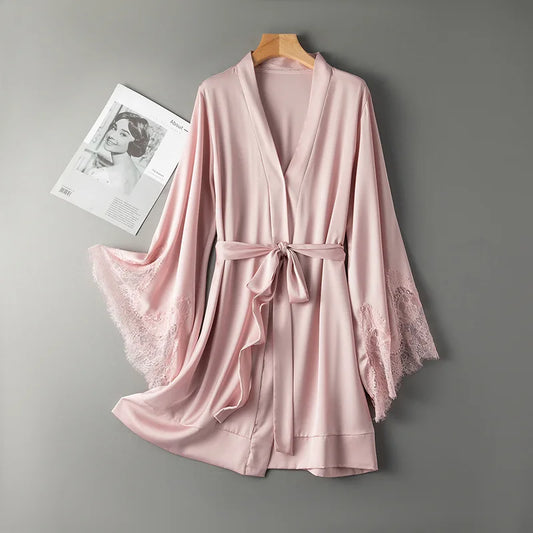 Luxe Robe With Lace Satin Women Nightgown Kimono Bathrobe Gown Pink Nightdress Bride Bridesmaid Wedding Gown Home Clothes