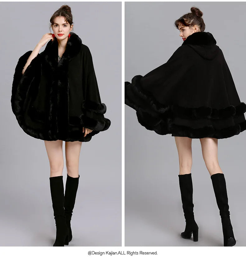 7 Women 2 Circle Fur Poncho Shawl Cloak With Hat Faux Fur Cape Big Pendulum Dovetail Cardigan Winter Warm Thick Loose Overcoat