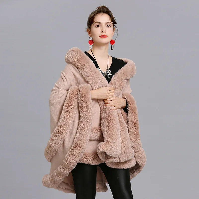 7 Women 2 Circle Fur Poncho Shawl Cloak With Hat Faux Fur Cape Big Pendulum Dovetail Cardigan Winter Warm Thick Loose Overcoat