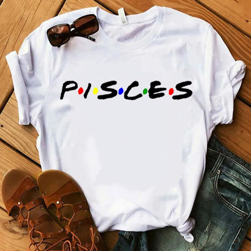 White fitted t-shirt with multicolored Pisces zodiac graphic for casual wear.