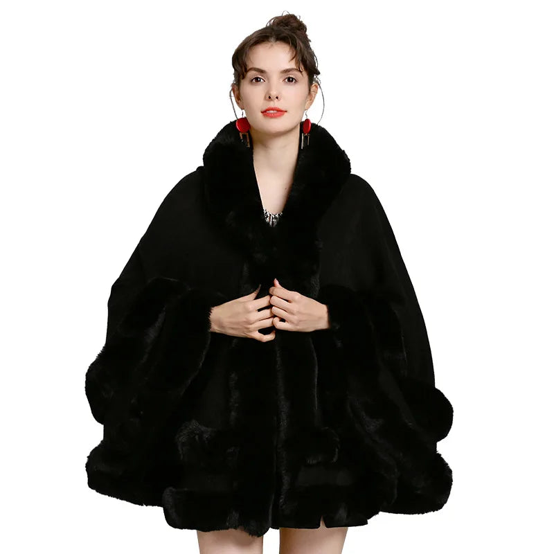 7 Women 2 Circle Fur Poncho Shawl Cloak With Hat Faux Fur Cape Big Pendulum Dovetail Cardigan Winter Warm Thick Loose Overcoat