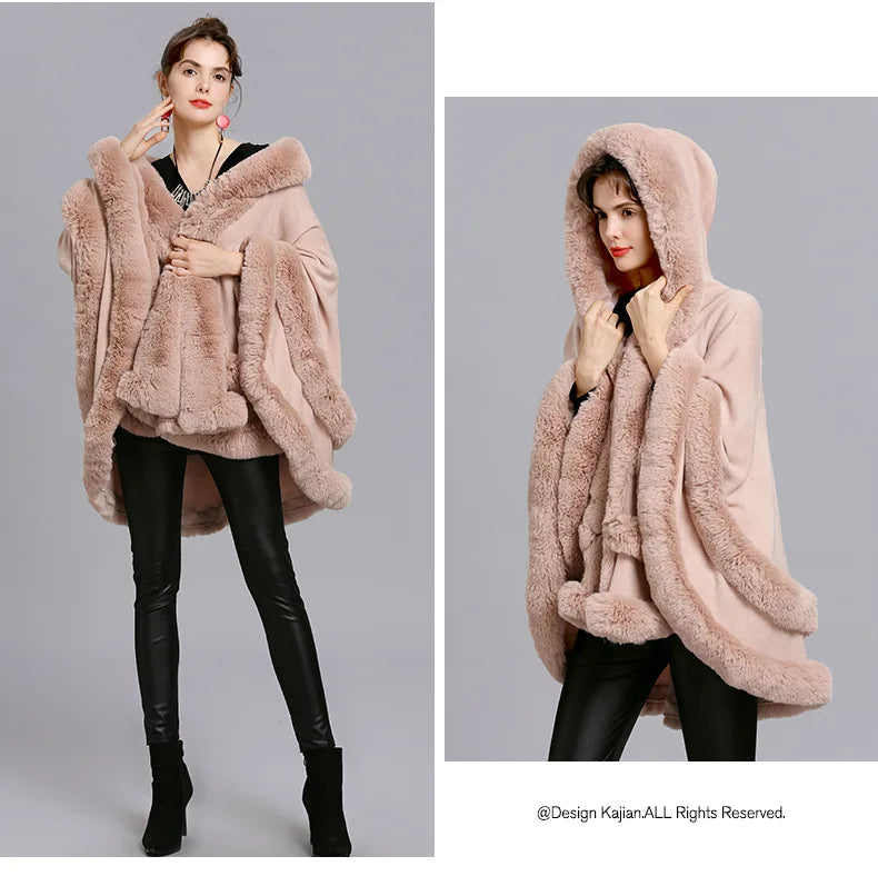 7 Women 2 Circle Fur Poncho Shawl Cloak With Hat Faux Fur Cape Big Pendulum Dovetail Cardigan Winter Warm Thick Loose Overcoat