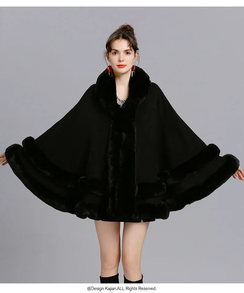 7 Women 2 Circle Fur Poncho Shawl Cloak With Hat Faux Fur Cape Big Pendulum Dovetail Cardigan Winter Warm Thick Loose Overcoat