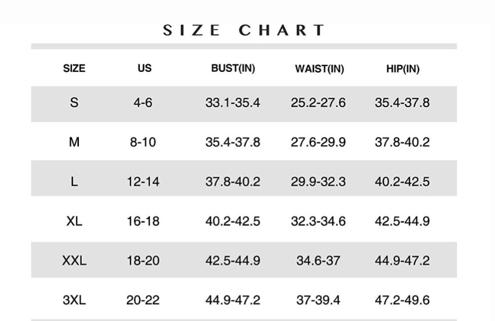 Black and white text size chart for seamless sculpting shapewear dress with measurements for everyday wear.