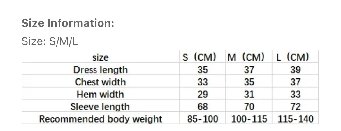 Size information chart with rows for dress length, chest width, hem width, sleeve length, and recommended body weight.
