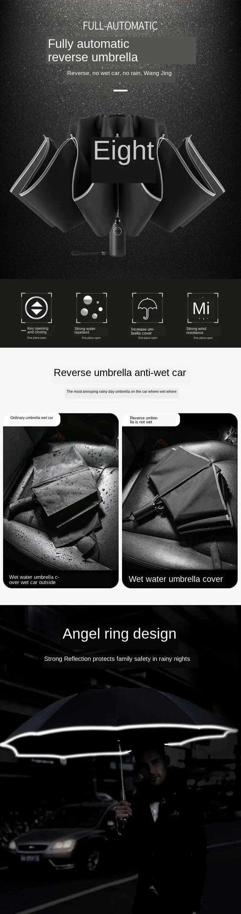Men Women Umbrella Fully Automatic Reverse Folding Umbrella with Windproof Reflective Stripe UV Umbrellas