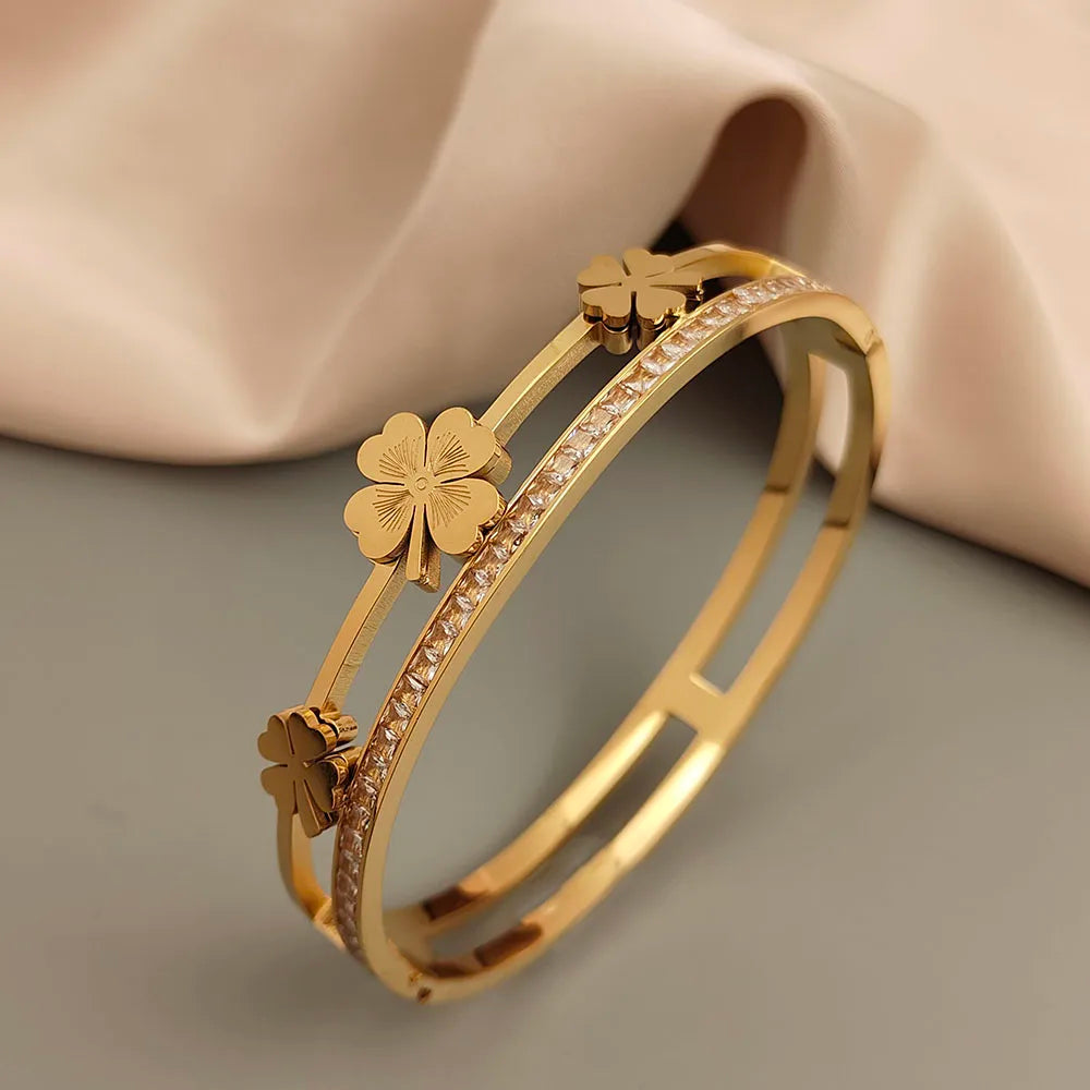 Four Leaf Clover Bracelet - 18K Gold Plated Stainless Steel Lucky Charm Jewelry