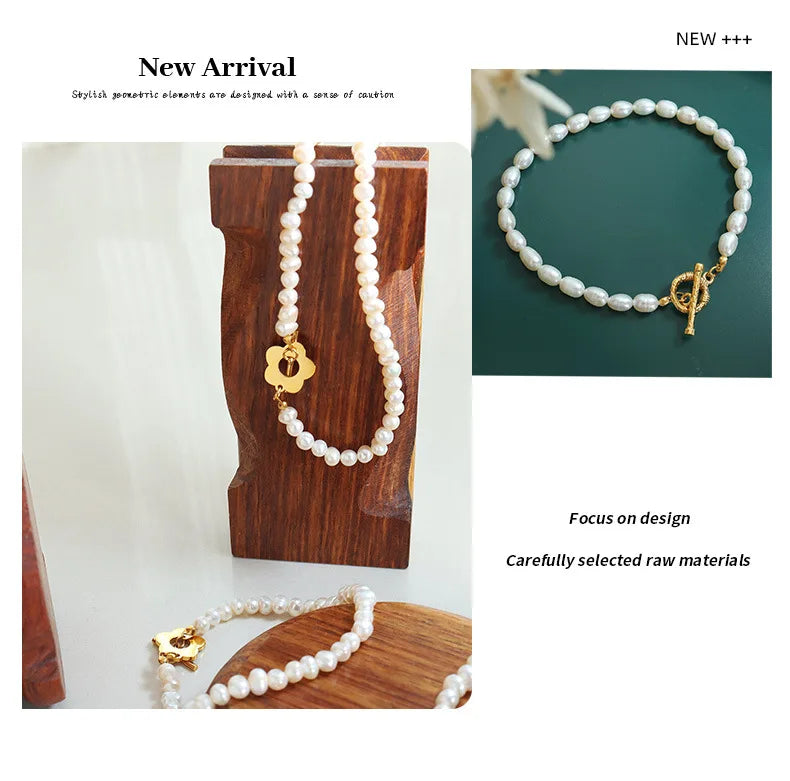 Natural Freshwater Pearl Bead Necklace Bracelet For Women Stainless Steel Gold Plated OT Buckle Women's Necklaces Bracelets Sets