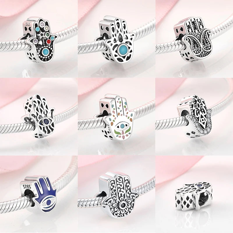 925 Silver Blue Enamel Fatima Hand Charm - DIY Jewelry Beads for Charm Bracelets