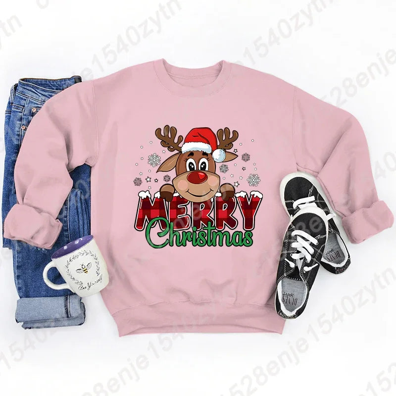 Pink cotton blend oversized sweatshirt with a reindeer Christmas graphic for festive holiday wear.