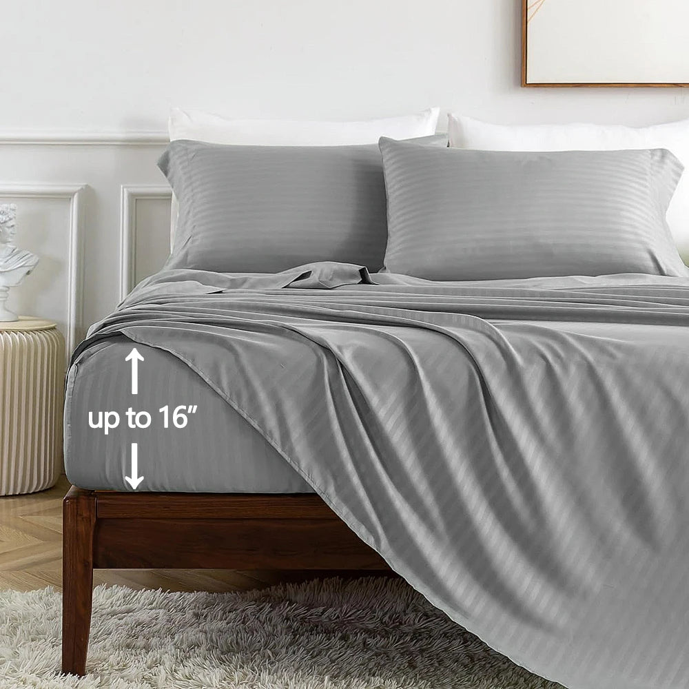 Battilo Bed Sheets 4 Pieces Set Luxury Fitted Flat Sheet with Pillowcases Solid Stripe Bedding Set For Twin Full Queen King Size