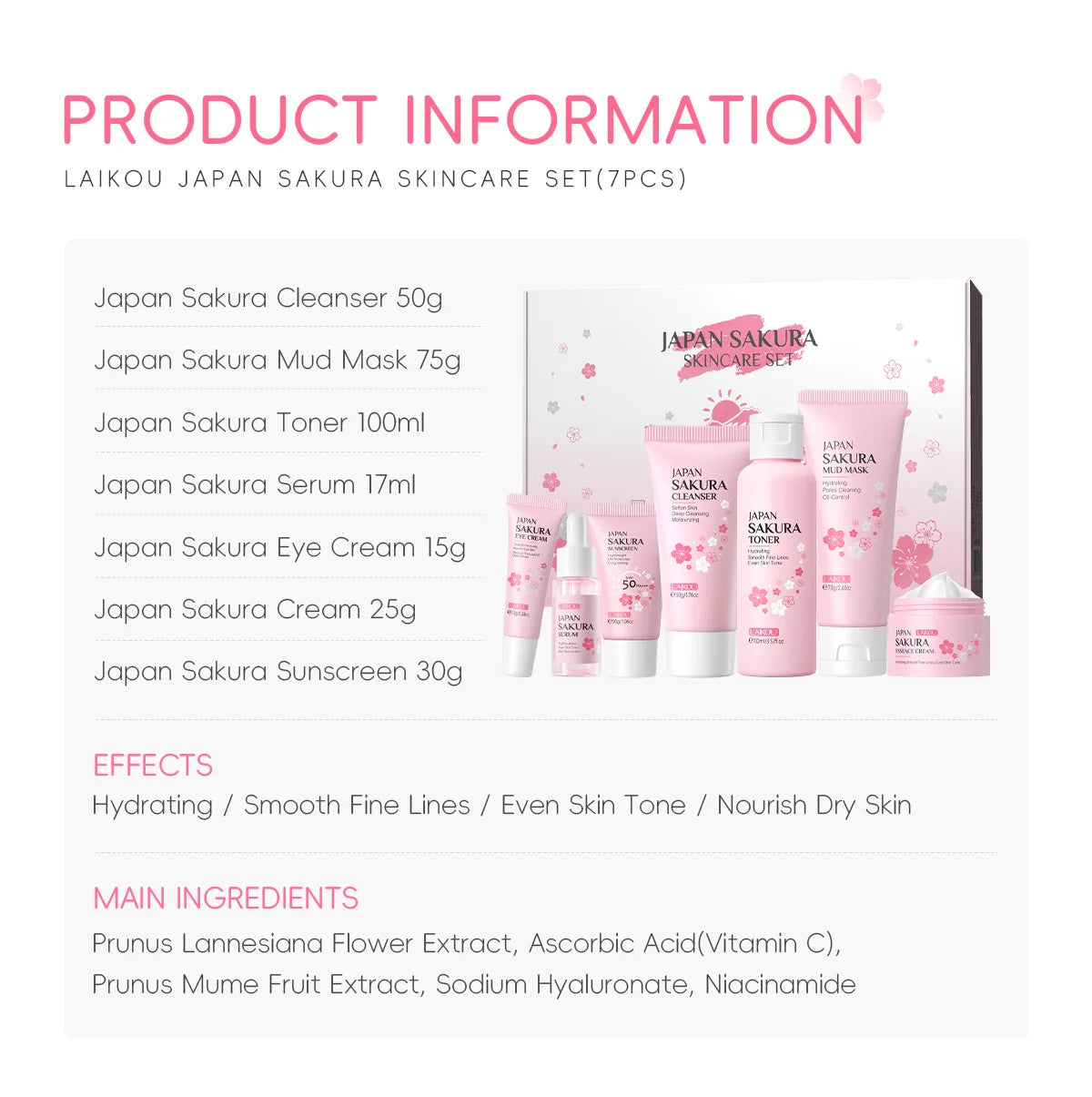 Korean Sakura Skincare Set Hydration Moisturize Cleanse Pores Sunscreen Protection Cosmetic Beauty