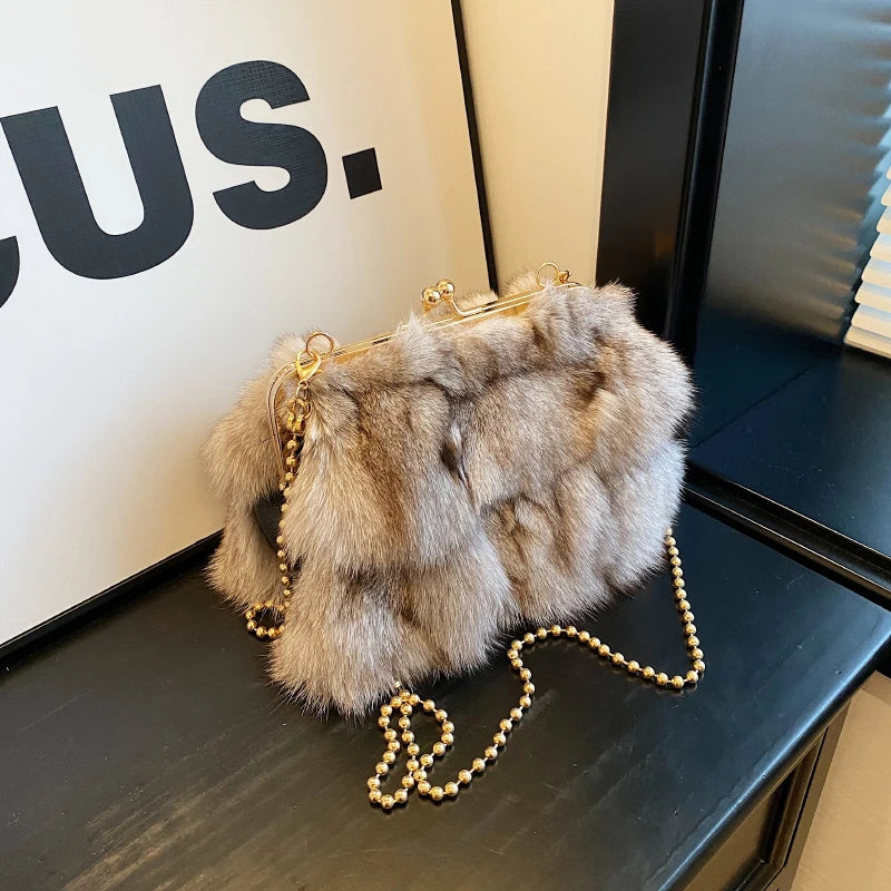 Luxury Soft Plush Evening Bags For Elegant Women Fox Fur Dinner Party Clutch Chain Crossbody Winter Warm Luxury Designer Handbags