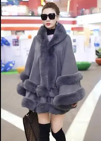 7 Women 2 Circle Fur Poncho Shawl Cloak With Hat Faux Fur Cape Big Pendulum Dovetail Cardigan Winter Warm Thick Loose Overcoat