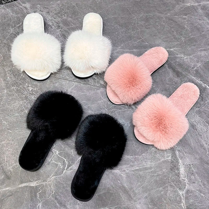 New Woman Slippers Winter Simple Word Fur Flats Soft Home Women Slippers Faux Fur Warm Bedroom Leisure Female Shoes