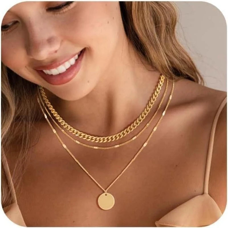 LENNIK European Layered Necklace - Brass Gold Plated Choker Chain Jewelry