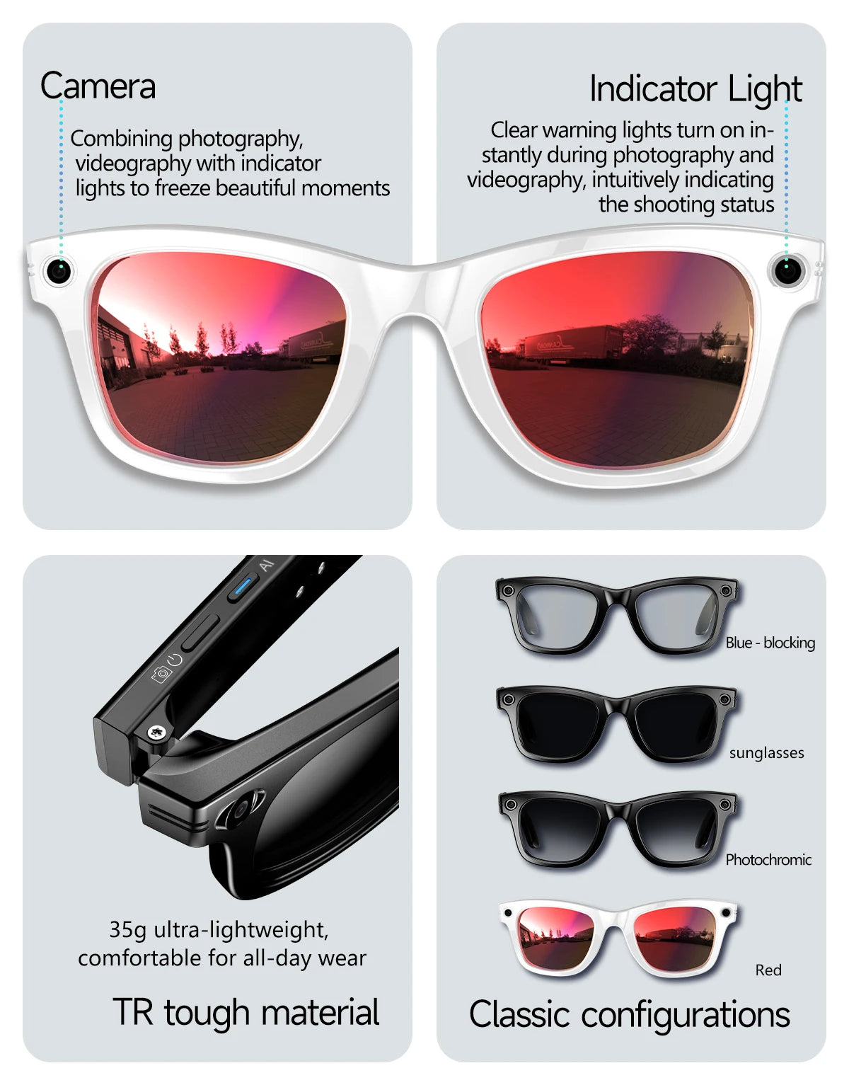 2026 Smart Glasses 8MP Camera WiFi Bluetooth Touch Control IP65 Waterproof AI Translation Noise Cancelling AI Glasses Women