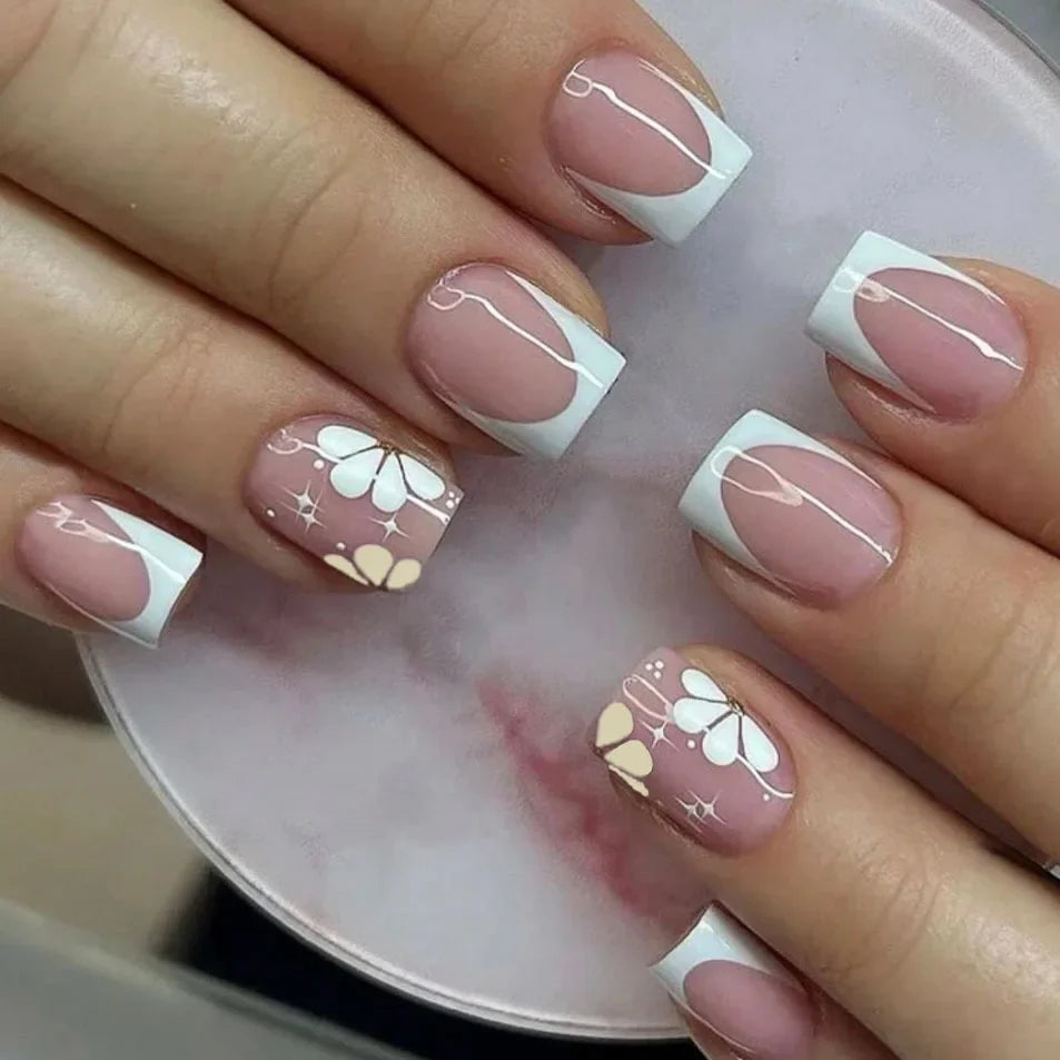24Pcs French Tip Handmade Press On Nails Minimalist Solid Color Fake Nails Medium Square Full Cover Press On Nail Tips With Glue