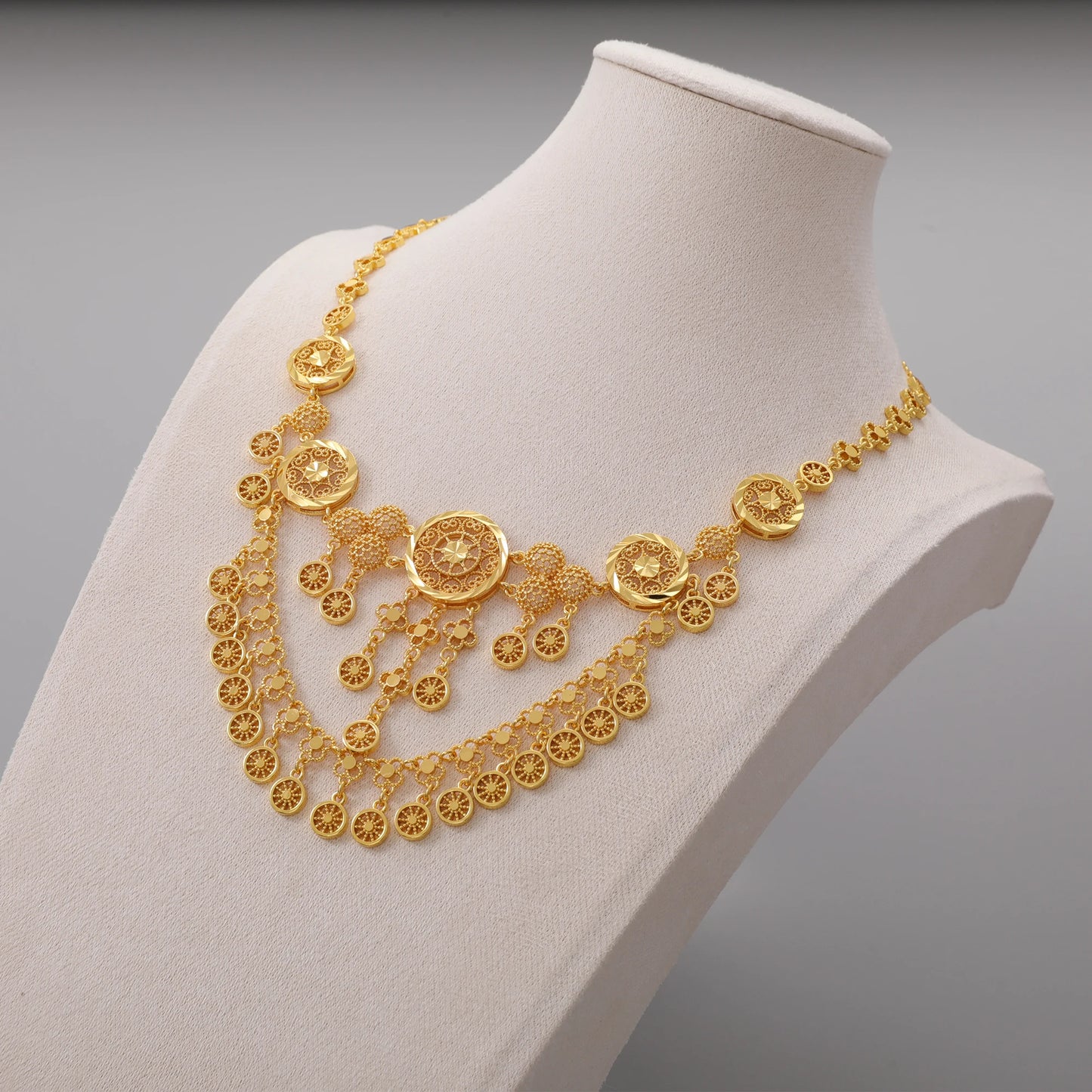 Dubai Gold Plated Necklace Earrings Ring Bracelet Arabian Traditional Vintage Jewelry Women's Set Bridal Wedding Jewelry