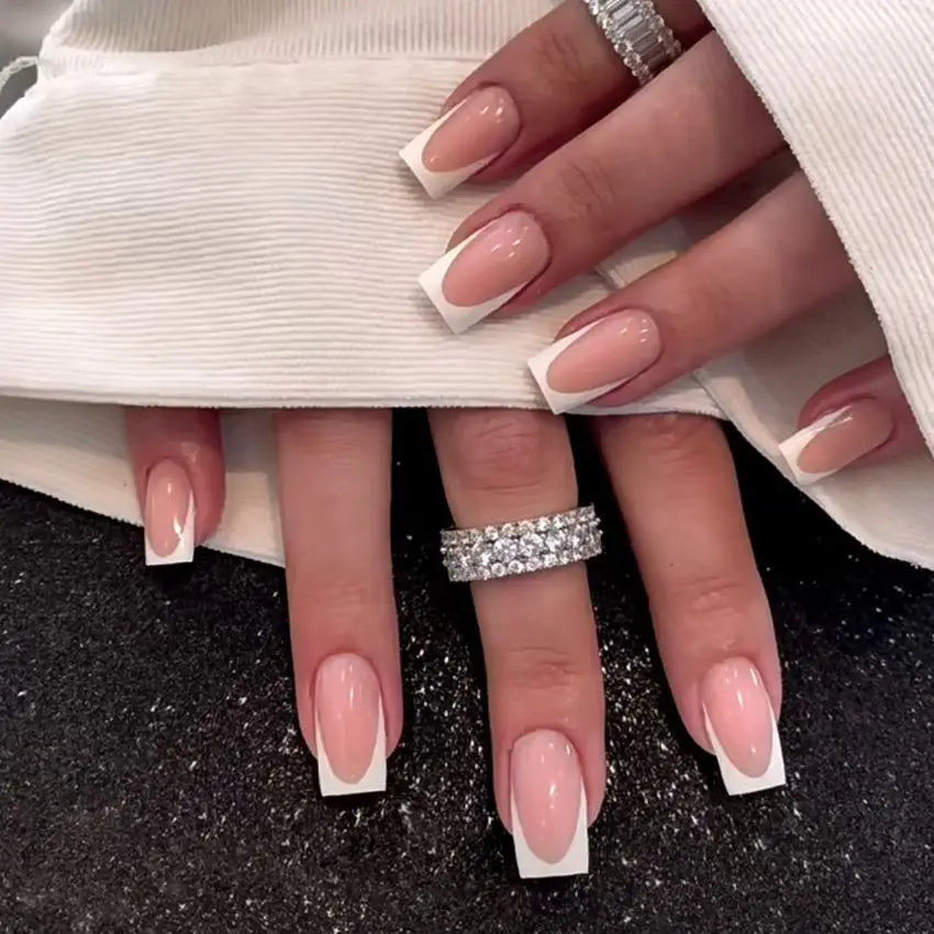 24Pcs French Tip Handmade Press On Nails Minimalist Solid Color Fake Nails Medium Square Full Cover Press On Nail Tips With Glue