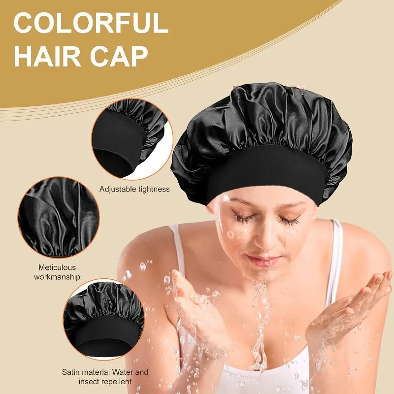Women Satin Bonnet Wide Band Elastic Sleep Cap Hair Care Head Wrap Beauty Spa Bathing Hat Night Sleeping Cap for Curly Long Hair