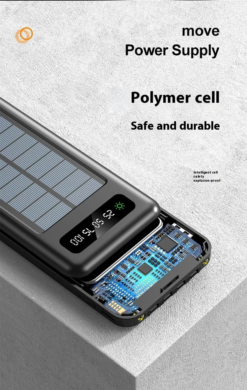 Solar Power Bank 20000mAh - Portable Fast Charging Outdoor Power Bank with Removable Cable