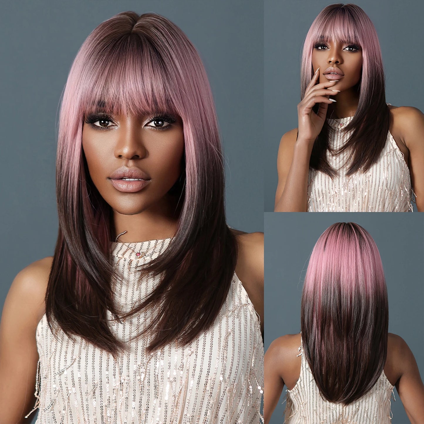 Synthetic Wigs Short Ombre Sky Blue White Wig with Bangs Straight Blunt Bob Cut Hair for Women Halloween Cosplay Heat Resistant