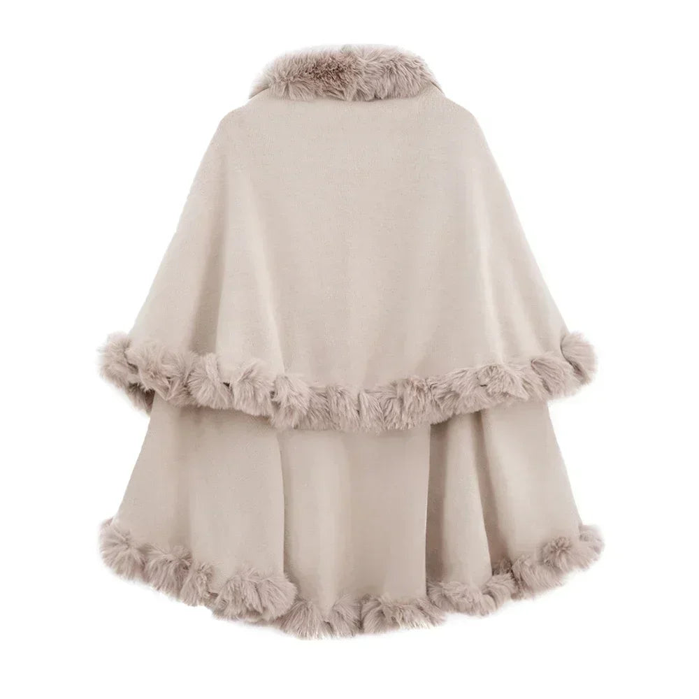 Double Layer Faux Fur Trim Womens Knitted Poncho Shawl Warm Cape Multiple Colors Ideal for Fall and Winter Daily and Formal Wear