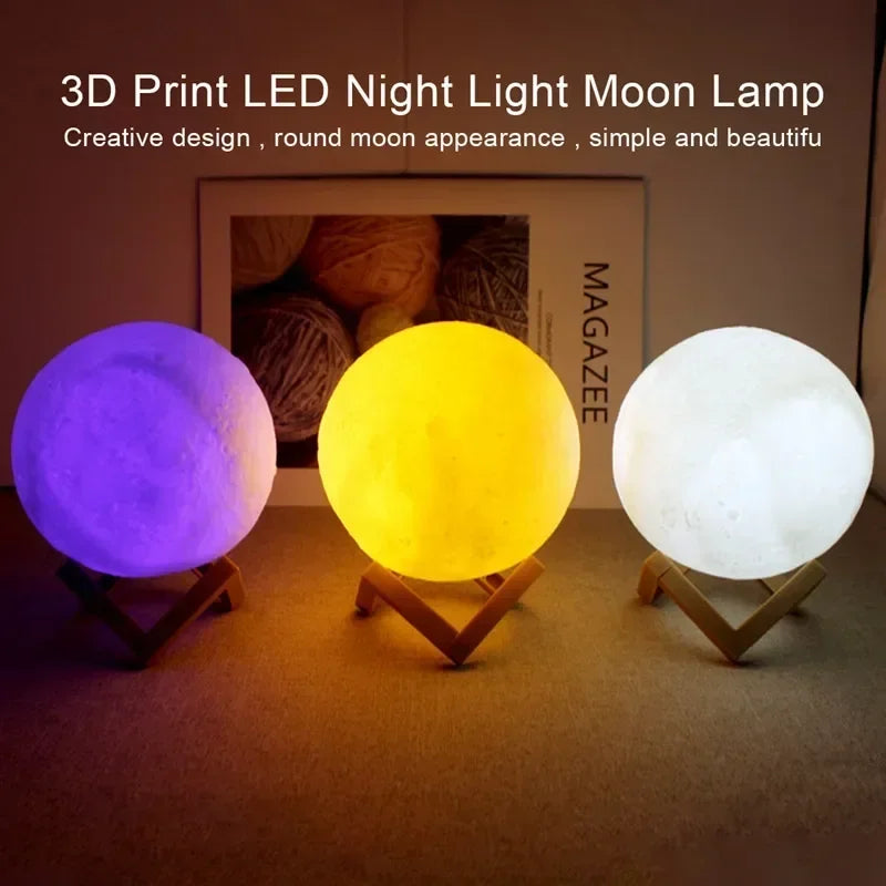 LED Moon Night Light 8cm - Battery Powered Starry Lamp with Stand for Bedroom Decor