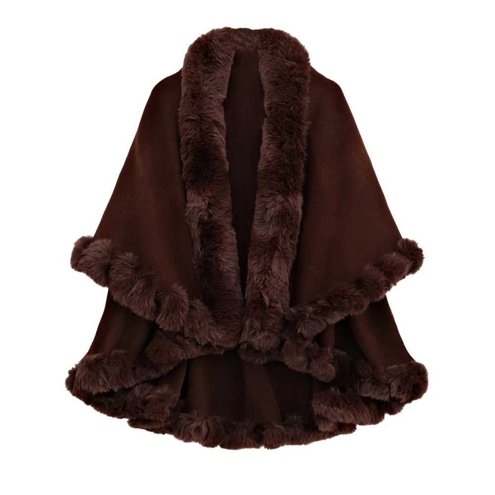 Double Layer Faux Fur Trim Womens Knitted Poncho Shawl Warm Cape Multiple Colors Ideal for Fall and Winter Daily and Formal Wear