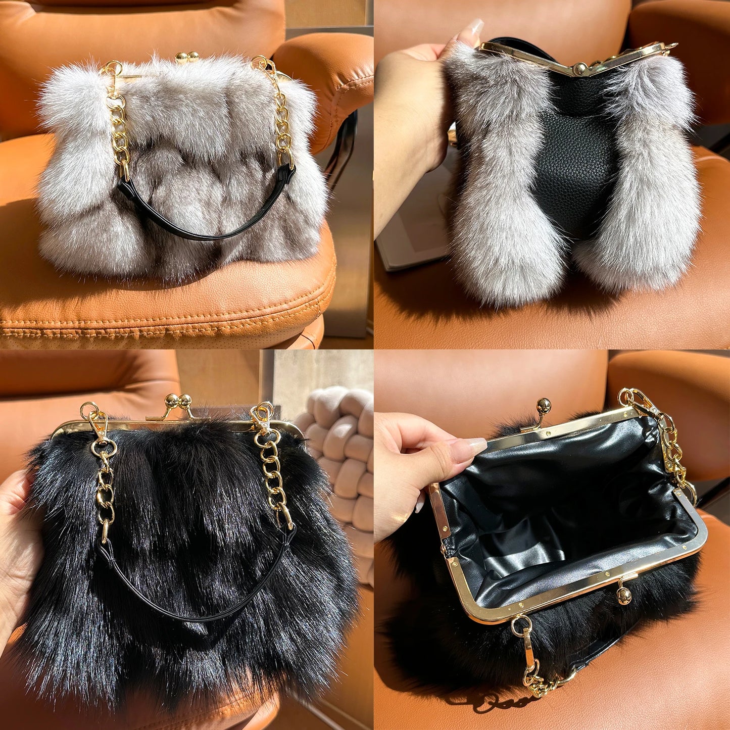 Real Fur Women Handbags Women Luxury Fox Fur Bag Fashion Female Furry Handbag Real Leather Evening Bag Natural Fur Shoulder Bag