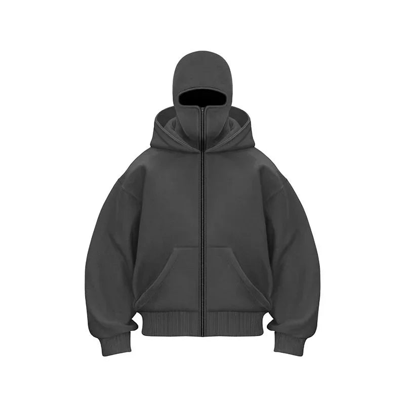 Unisex Cotton Blend Zip Hoodie With Built-In Hooded Face Mask For Cold Weather And Everyday Wear