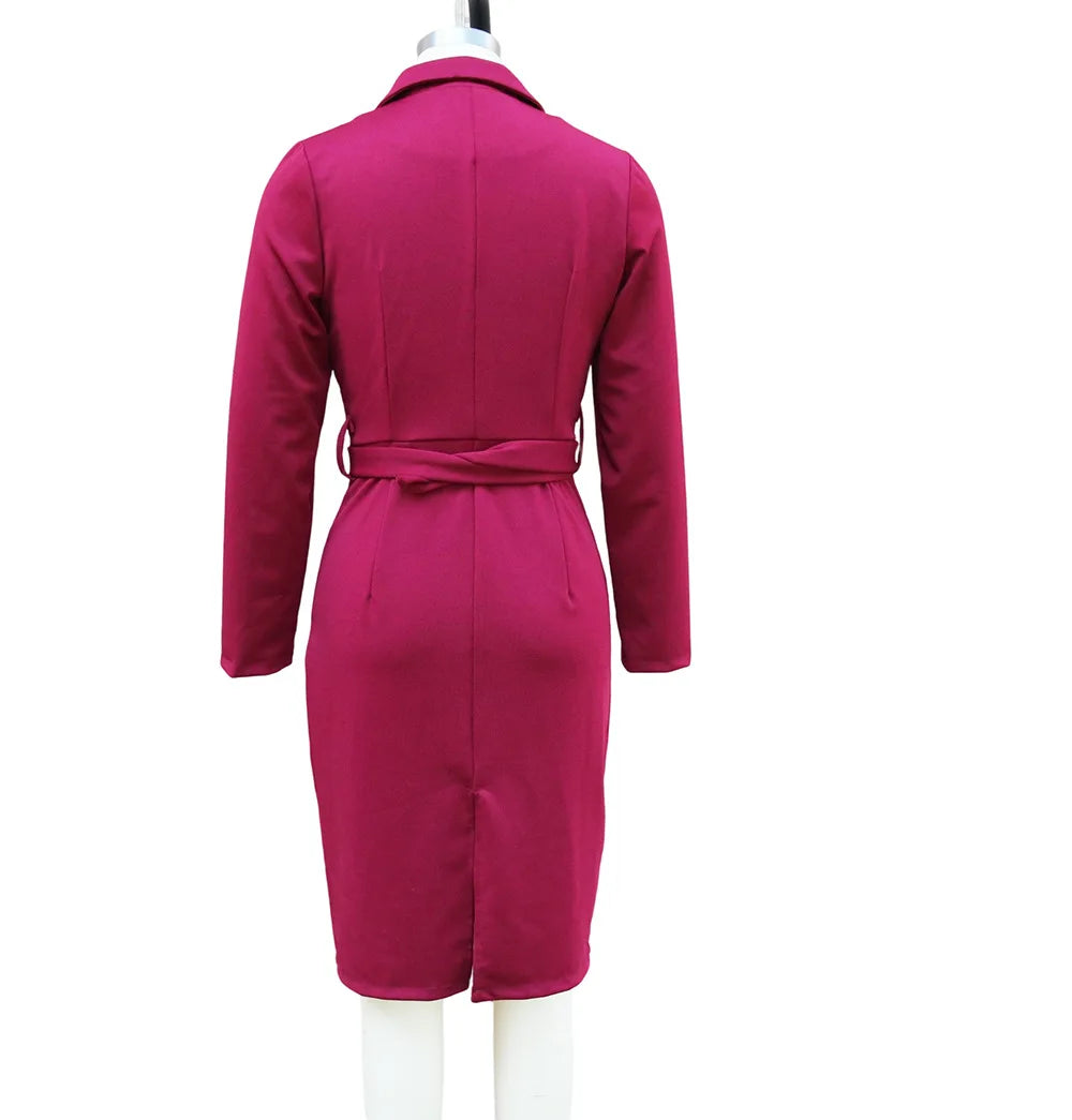 Elegant Deep V-Neck Suit Dress - Long Sleeve High Waist Office Dress with Sashes