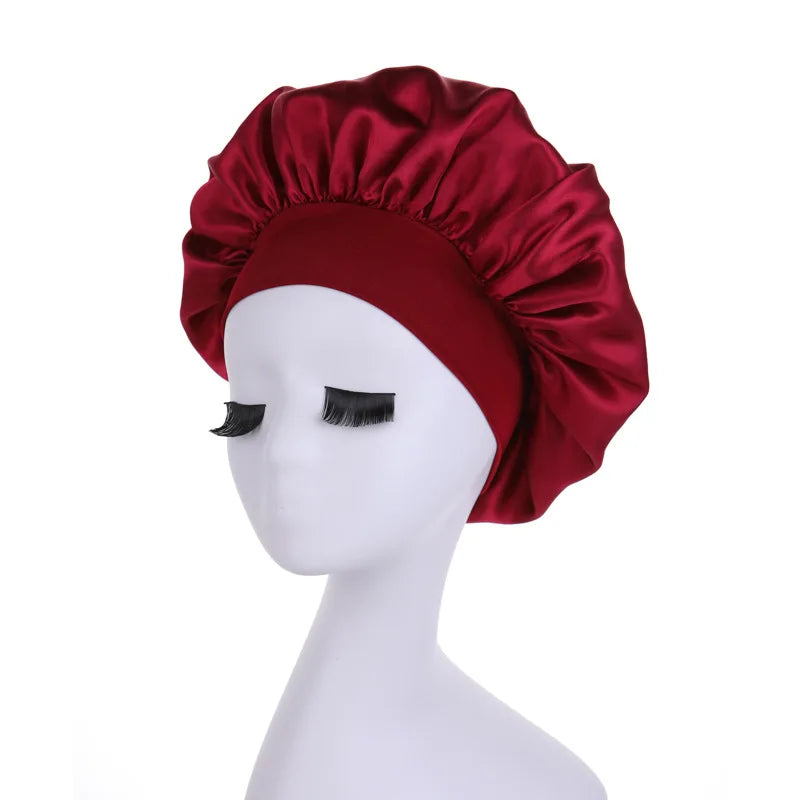 Women Satin Bonnet Wide Band Elastic Sleep Cap Hair Care Head Wrap Beauty Spa Bathing Hat Night Sleeping Cap for Curly Long Hair
