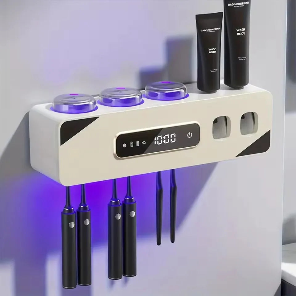 Smart UV Sanitizing Toothbrush Holder – Wall-Mounted Organizer with Automatic Toothpaste Dispenser, USB Charging, No-Drill Installation, Lithium Battery
