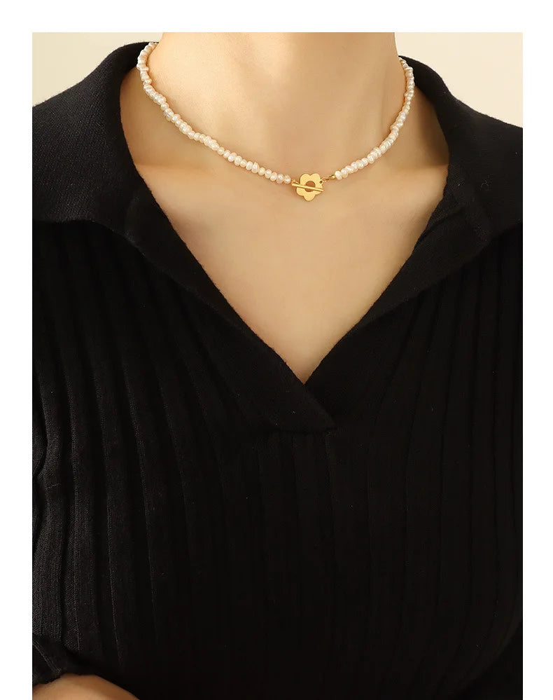 Natural Freshwater Pearl Bead Necklace Bracelet For Women Stainless Steel Gold Plated OT Buckle Women's Necklaces Bracelets Sets
