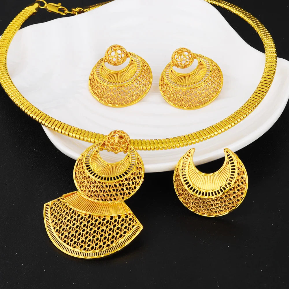 Dubai Gold Jewelry Set For Women Indian Earring Necklace Ring Nigeria Moroccan Bridal Accessorie Wedding Party Gift