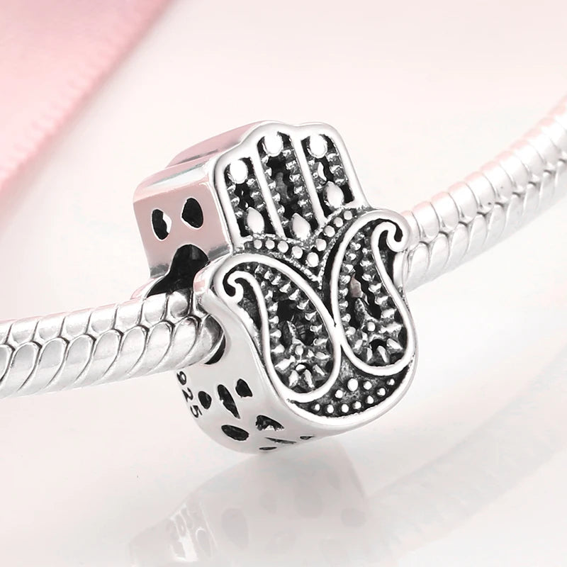 925 Silver Blue Enamel Fatima Hand Charm - DIY Jewelry Beads for Charm Bracelets
